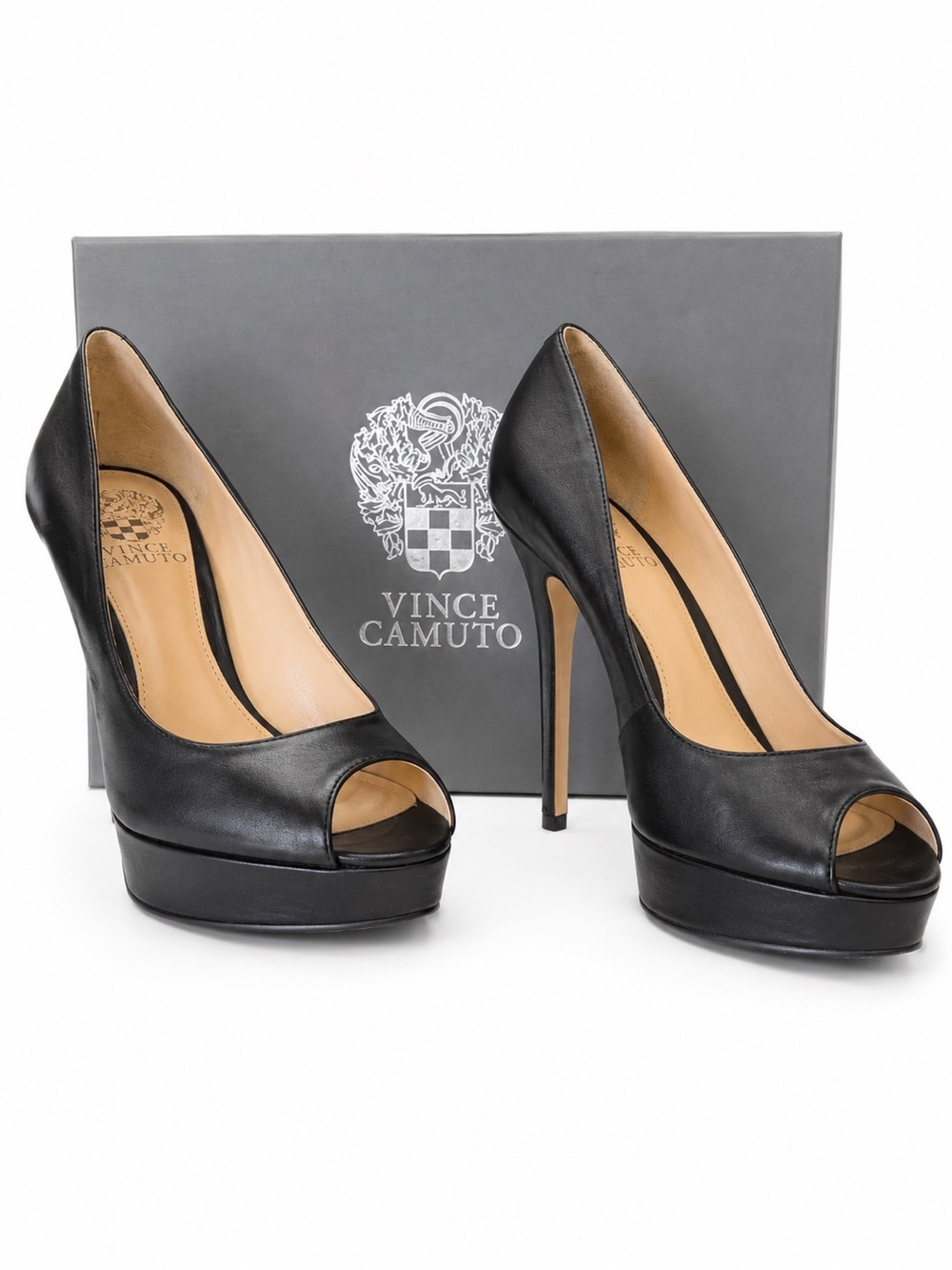 Vince Camuto VC-LORIM Black Nappa Leather Peep-Toe Platform Heels - Size 7.5 - Picture 4 of 13